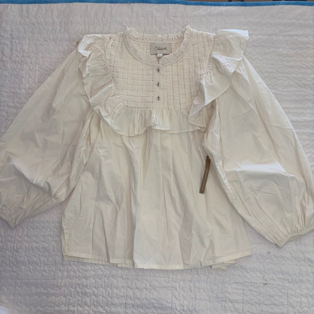 Cleobella Ivory Organic Cotton Basketweave Ruffle Balloon Sleeve Blouse Medium